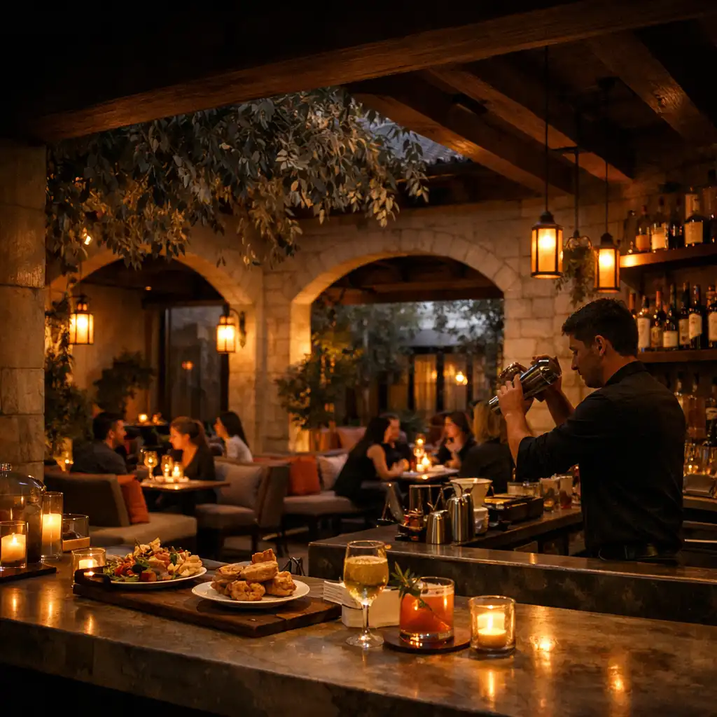 Indoor-outdoor bar opening onto the courtyard at dusk