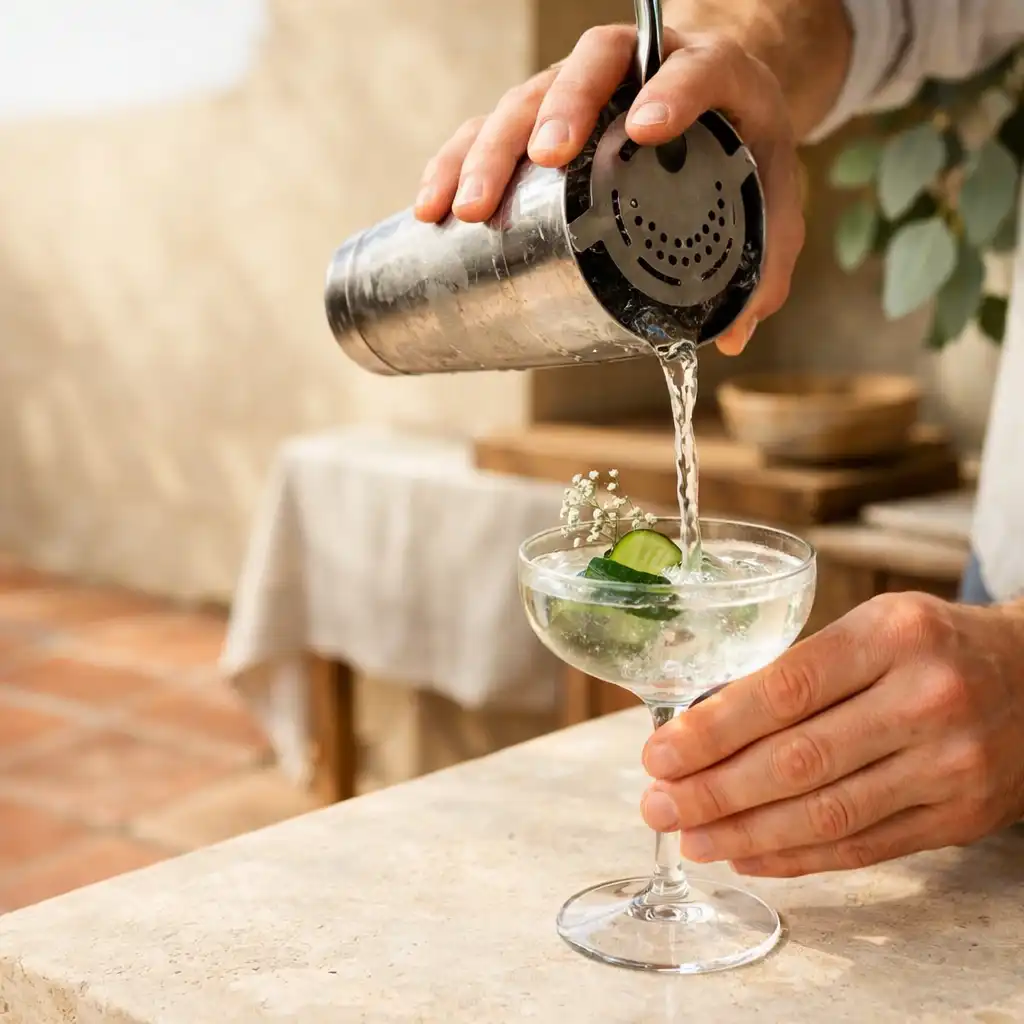 Bartender pouring a cocktail beside pale stone and courtyard foliage