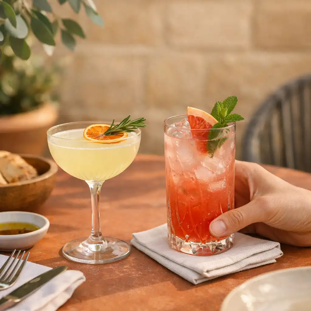 Crafted drinks being placed on a sunlit courtyard table