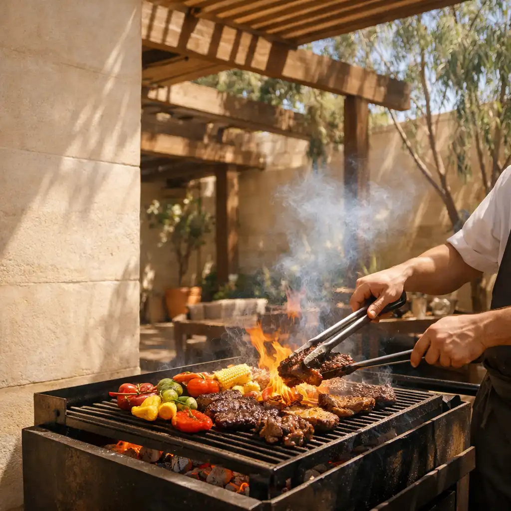 Cook tending an open charcoal grill in a sunlit courtyard