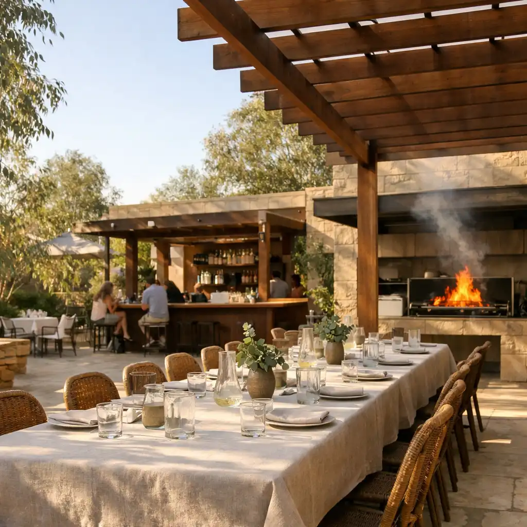 Sunlit ROGOLOX courtyard with communal table, timber pergola and open grill
