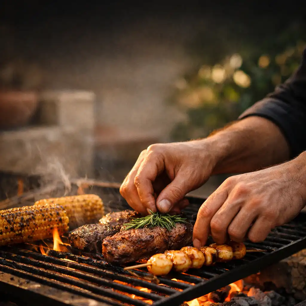 Hands adjusting food above glowing embers and dark grill bars
