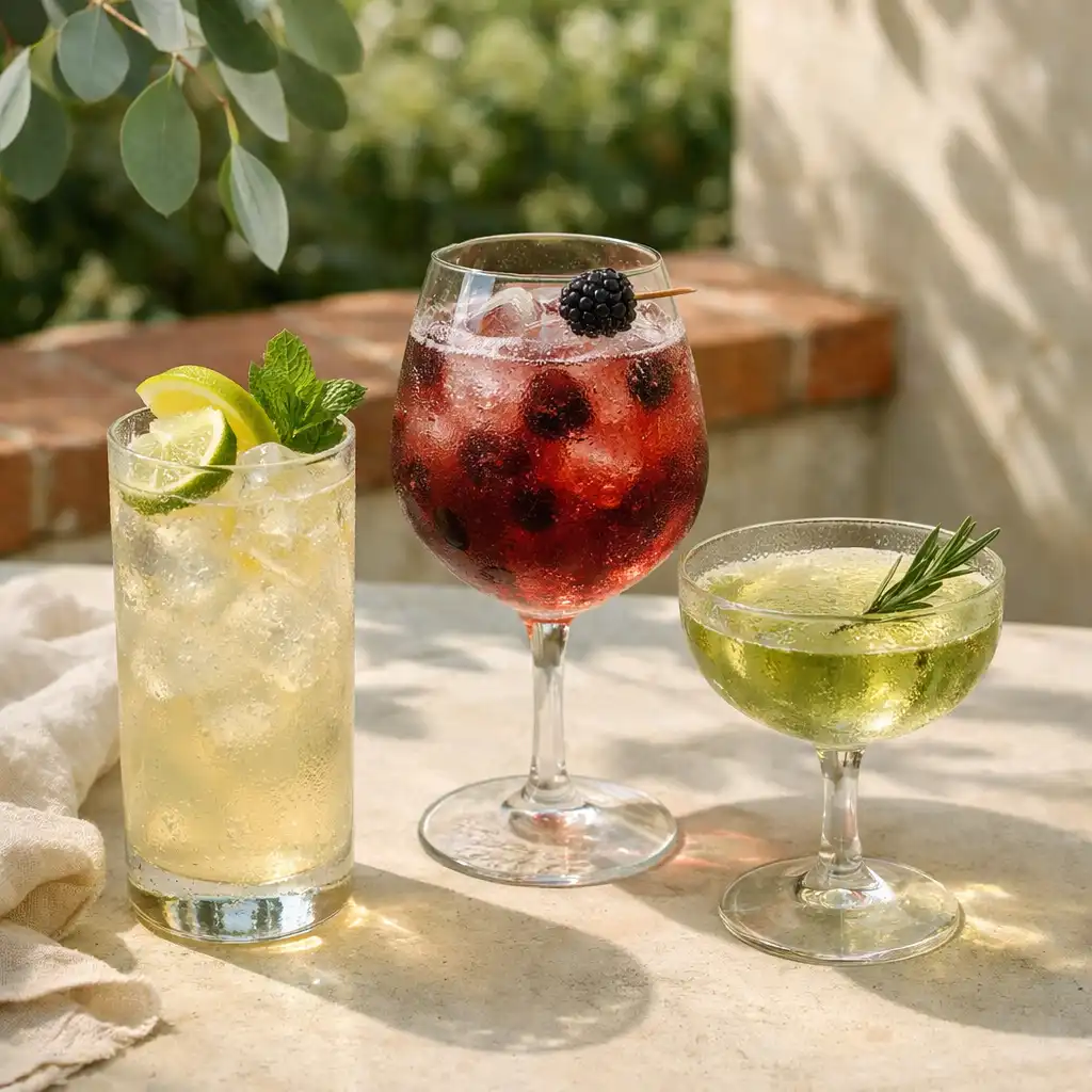 Three refined alcohol-free drinks on a pale stone courtyard table