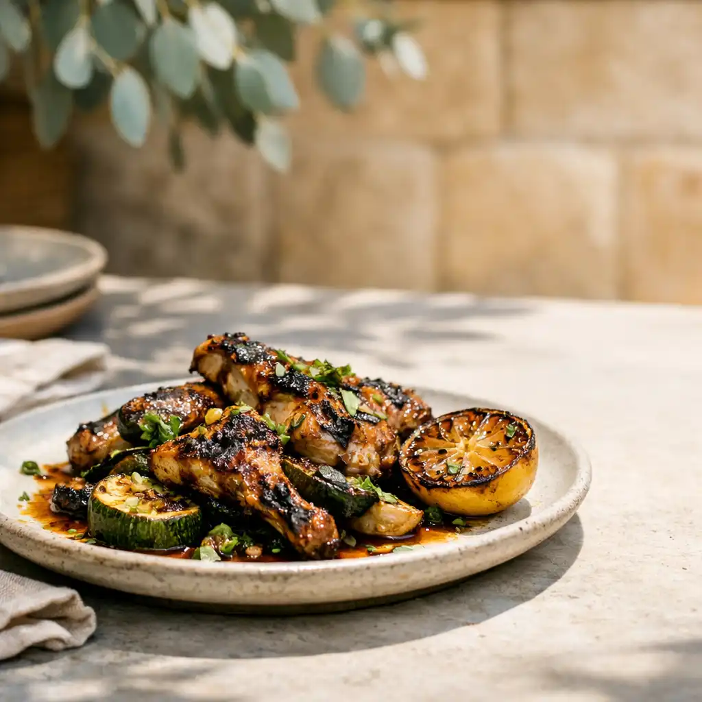 Grilled dish on a chalk-toned courtyard table with linen and greenery