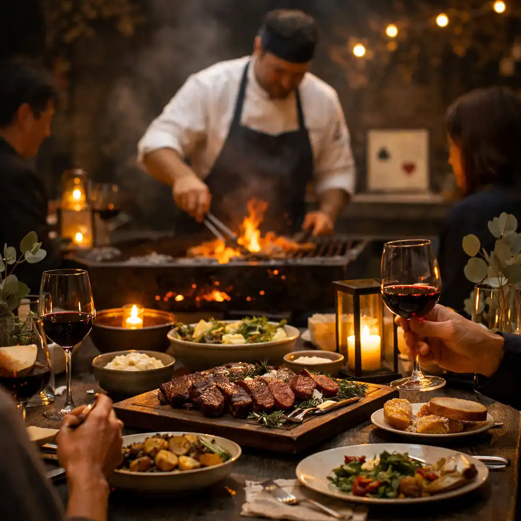Chef tending a charcoal grill near a communal evening table