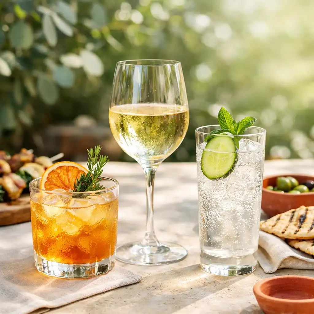 Cocktail, wine and sparkling alcohol-free drink on a pale stone courtyard table