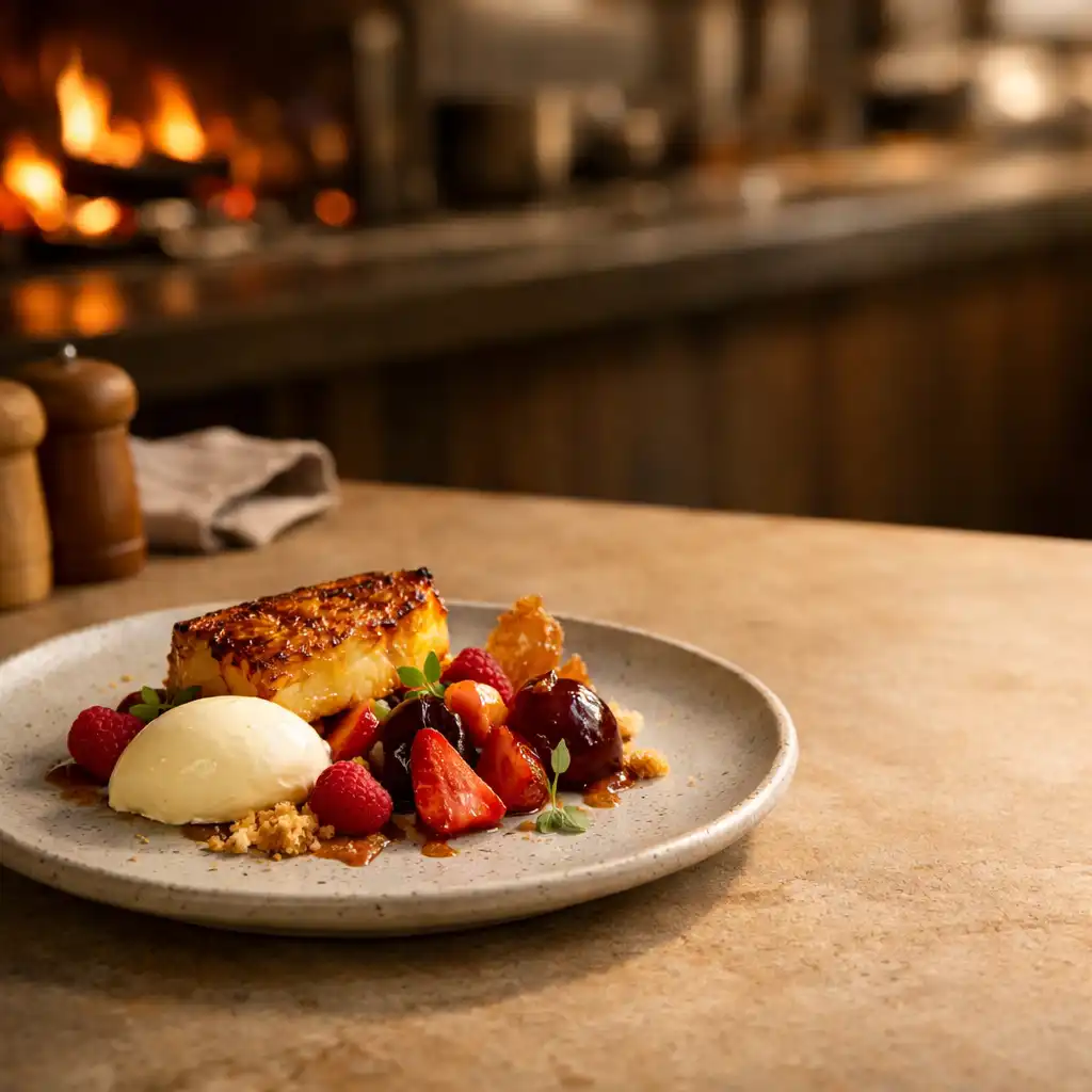 Composed dessert on chalk-toned stoneware with soft firelight behind
