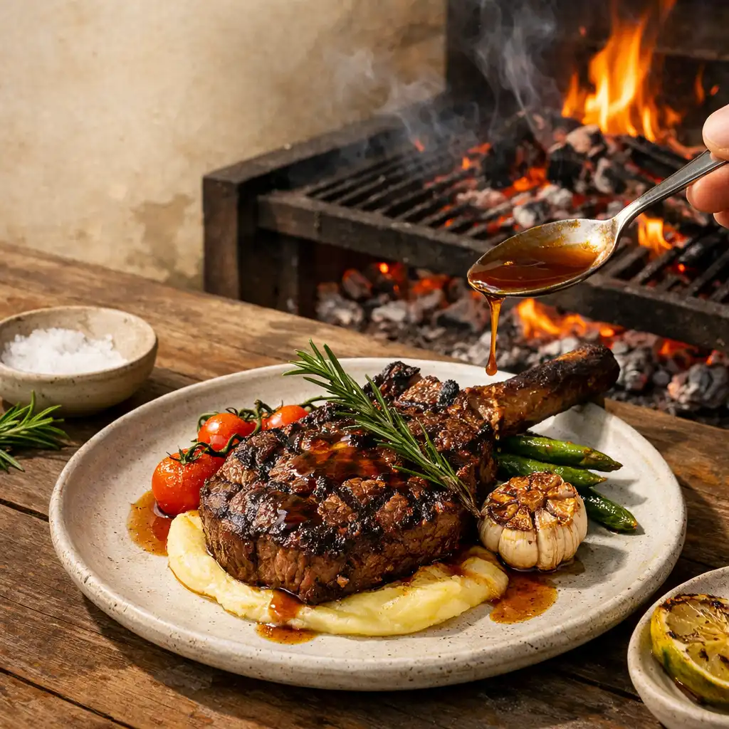 A plated charred main being finished beside open flames and grill bars