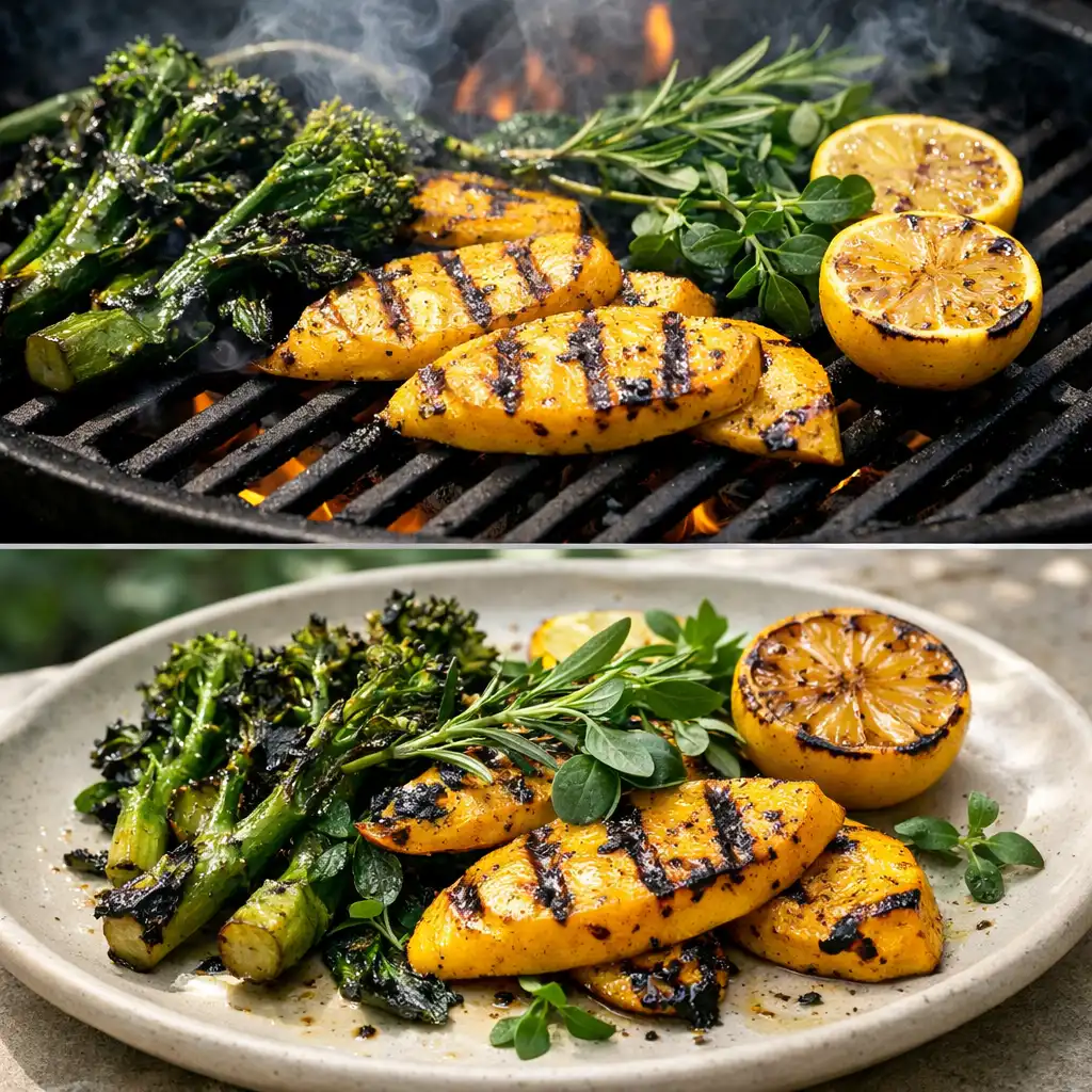 Seasonal vegetables blistering over open flame on a grill