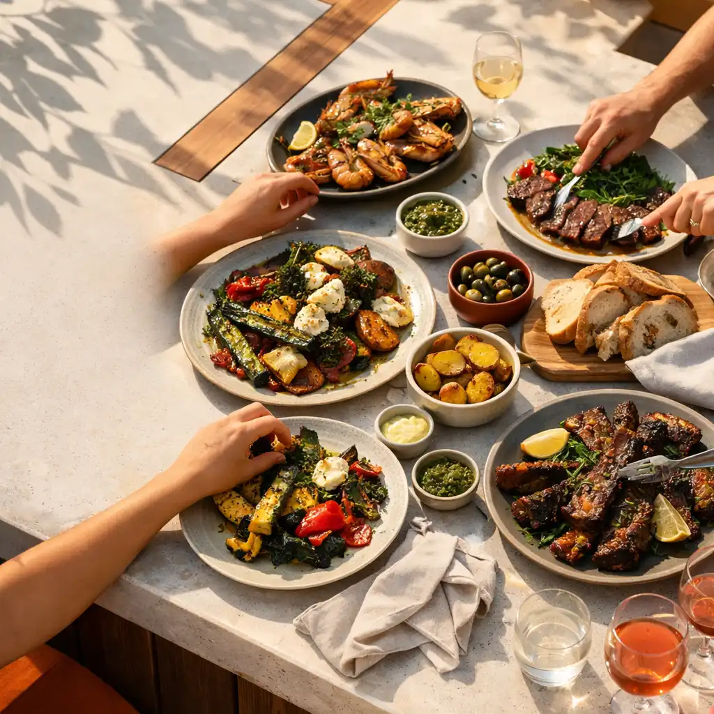 Hands reaching across a sunlit courtyard table of shared grilled plates