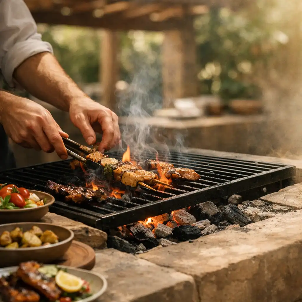 Cook tending food over glowing coals on the courtyard grill