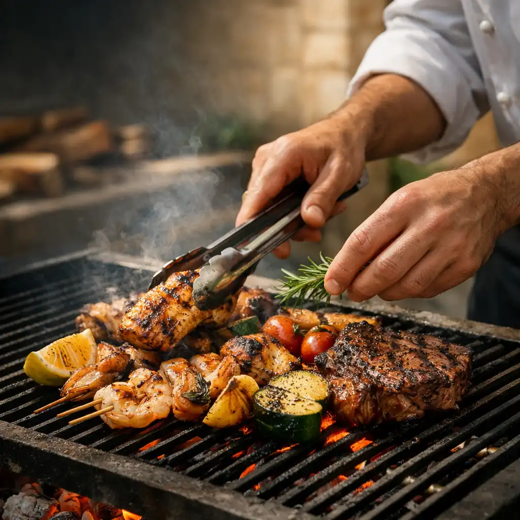 Chef’s hands tending food over an open charcoal grill with glowing embers