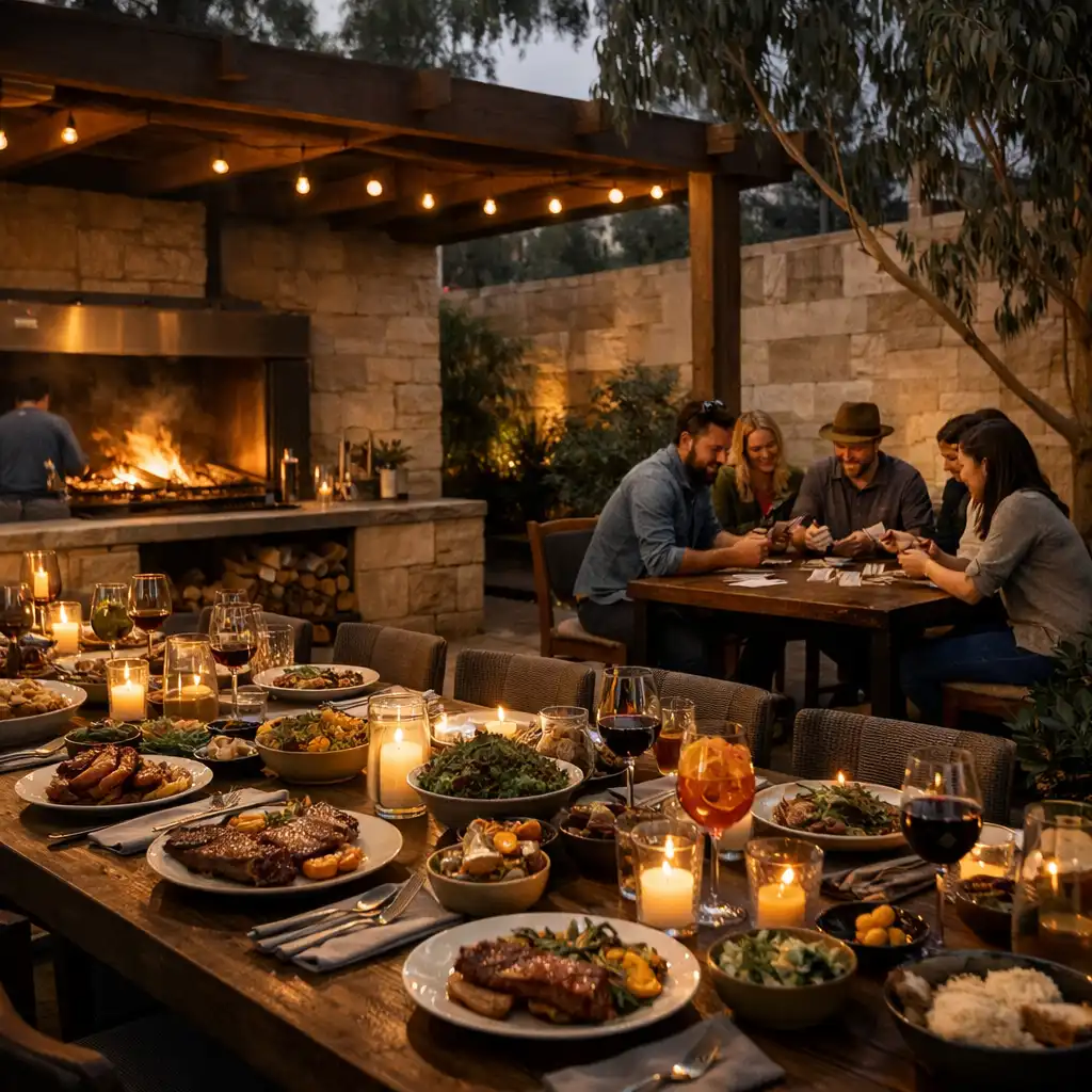 Communal courtyard dinner with grilled dishes and a discreet physical card-table detail