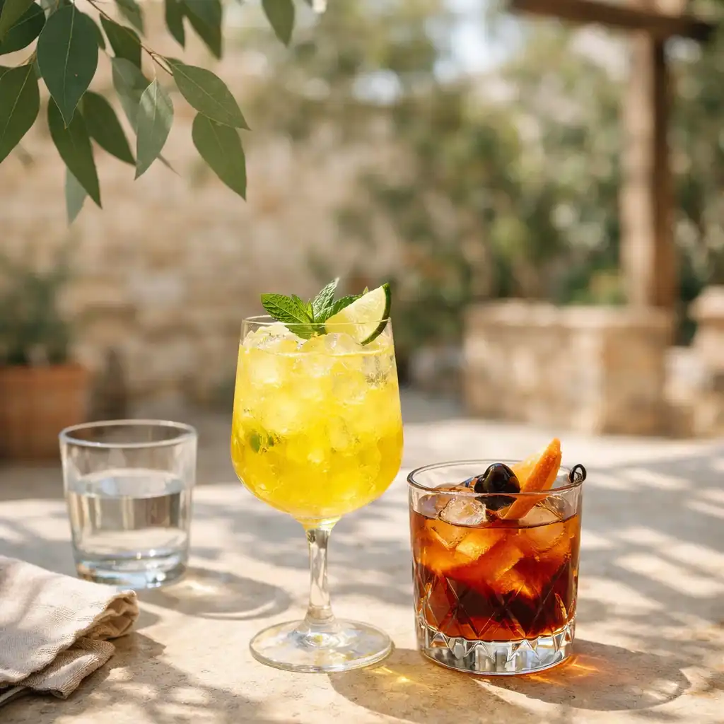 Two restaurant drinks on a pale stone table in courtyard sunlight