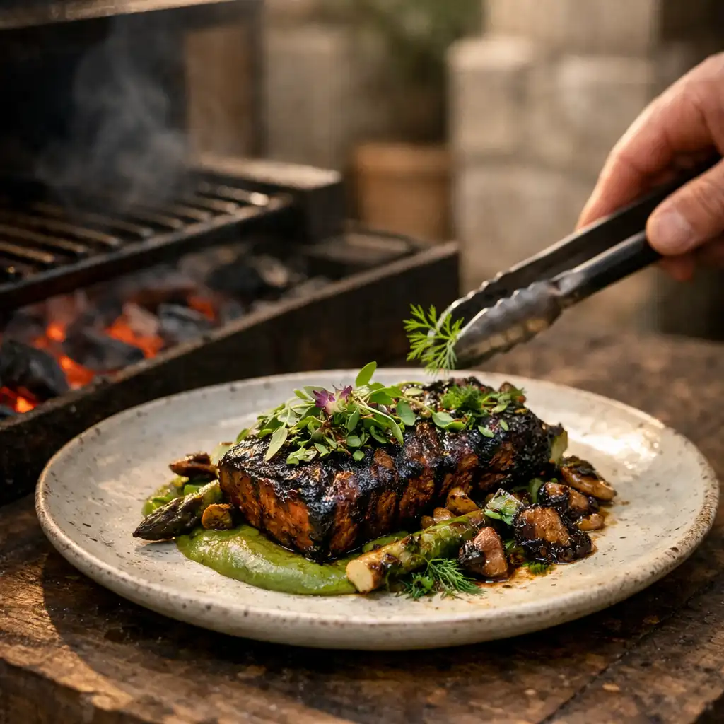 A finished grilled plate beside glowing embers