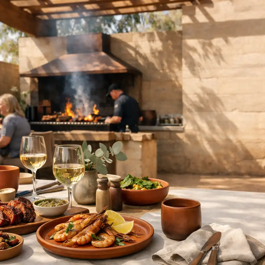 Open fire beside communal dining tables in ROGOLOX's sunlit courtyard