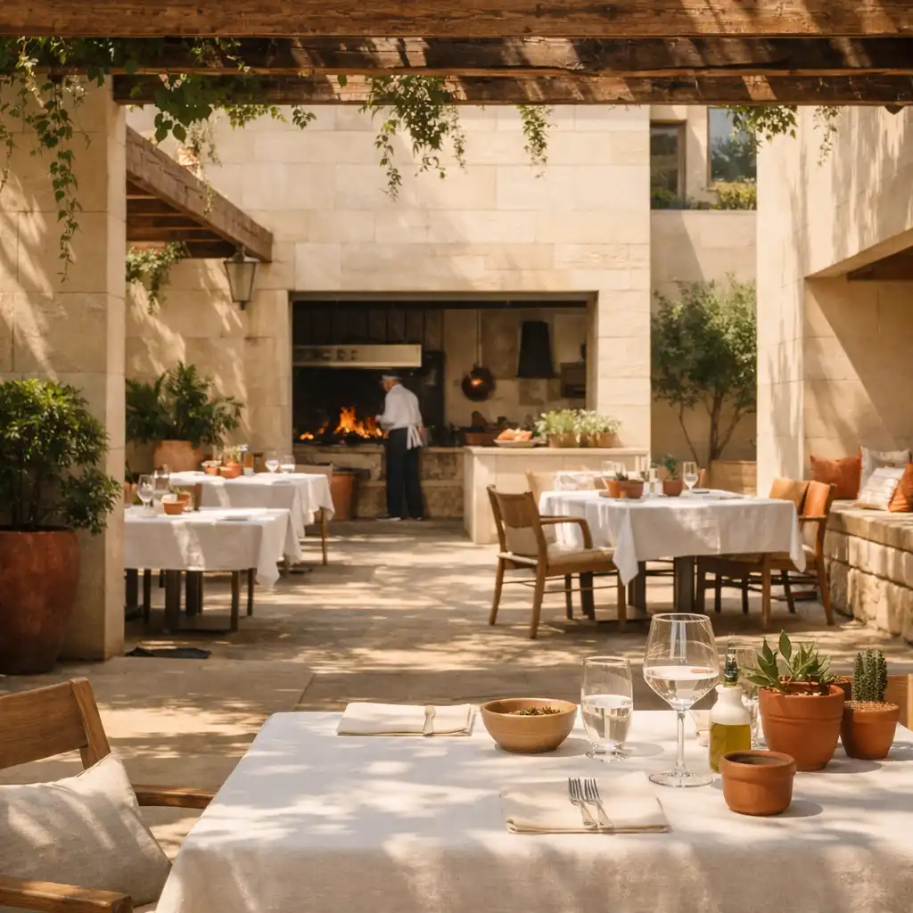 Sunlit ROGOLOX courtyard with stone architecture, pergola and dining tables