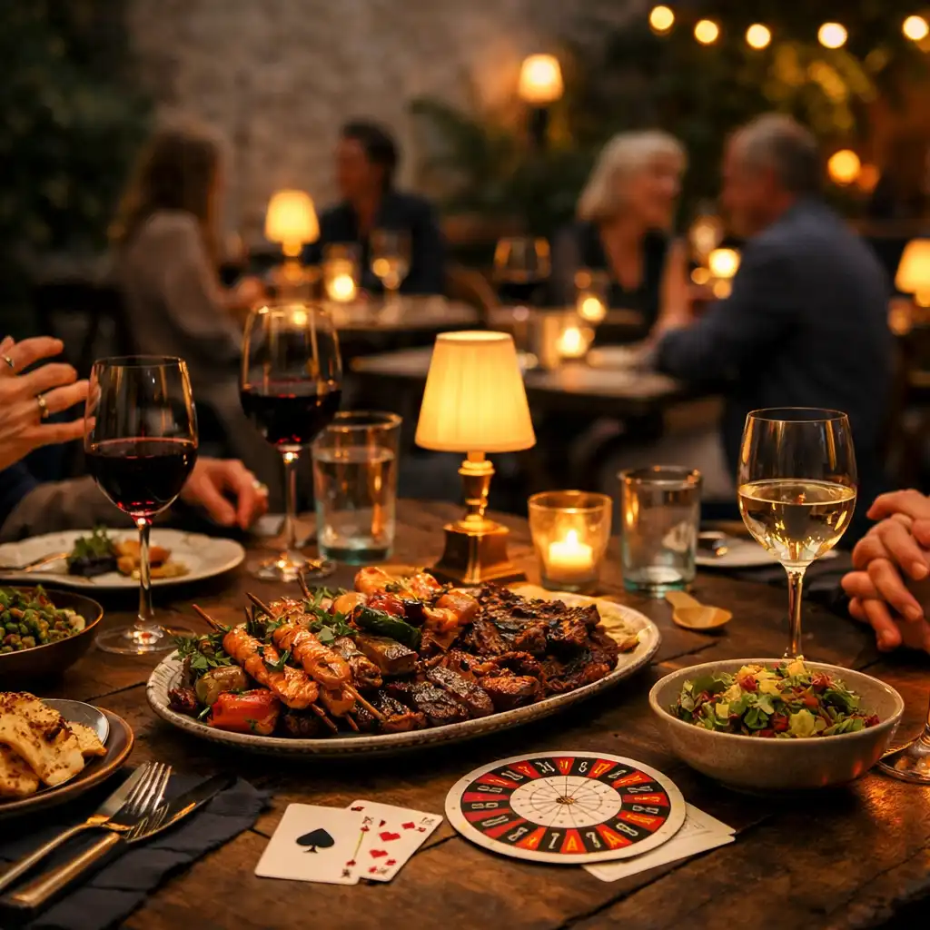 Shared grilled dishes and warm table light during an intimate supper-club dinner