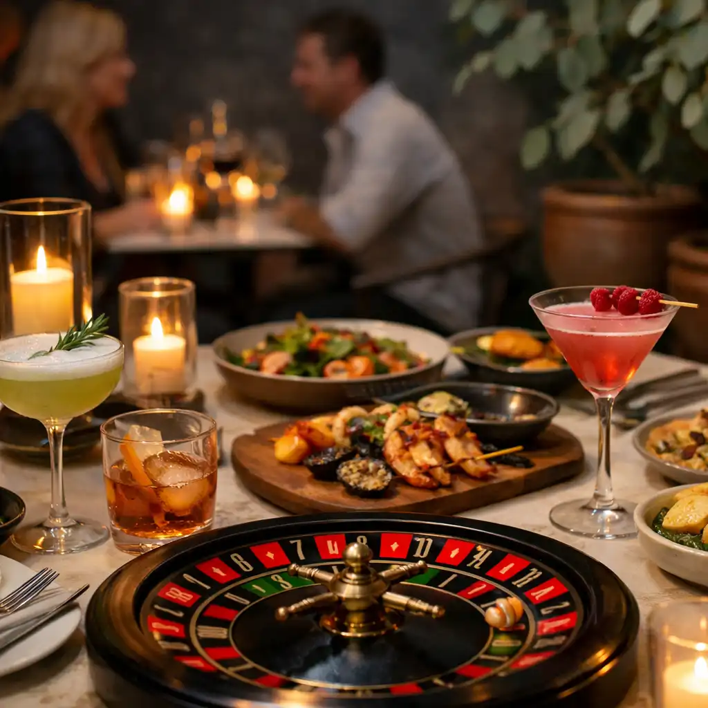 Cocktails and grilled share plates with a subtle roulette-inspired tabletop detail