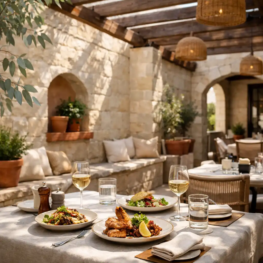 A table set with grilled dishes in ROGOLOX's sunlit courtyard