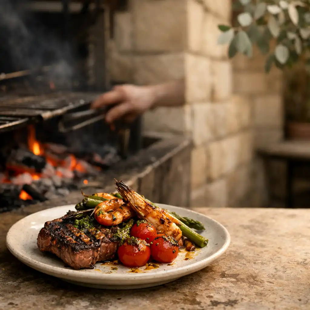 A plated grilled dish near glowing embers and an open charcoal grill