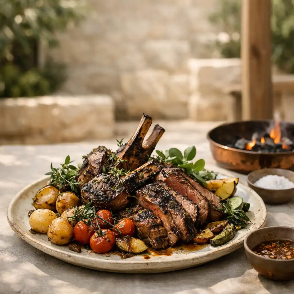 Shareable grilled signature dish on a chalk linen table