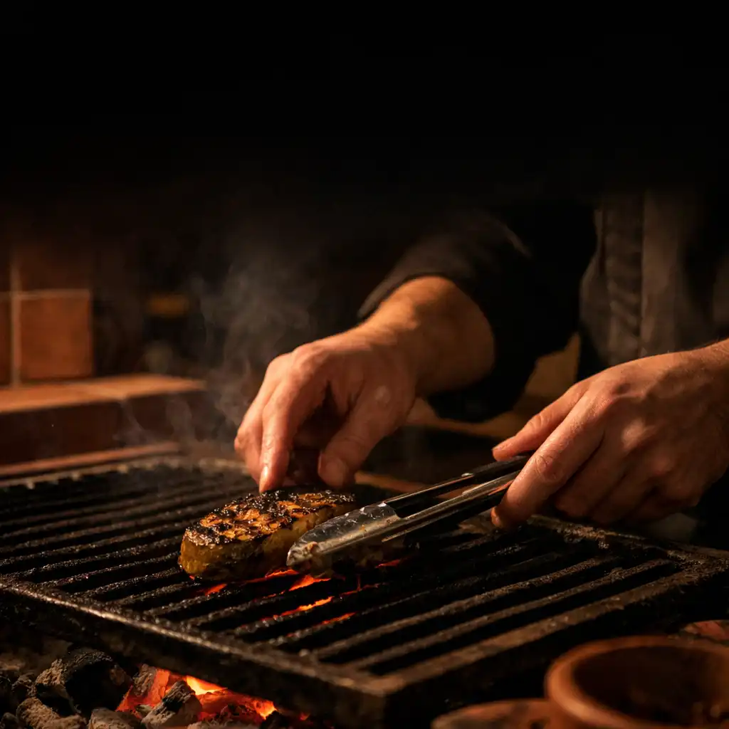 Chef hands tending food over glowing coals and grill bars