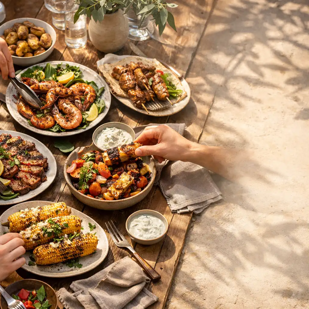 Grilled dishes arranged for sharing on a sunlit courtyard table