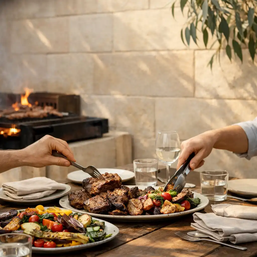 Guests' hands sharing grilled food beside an open fire in ROGOLOX's courtyard