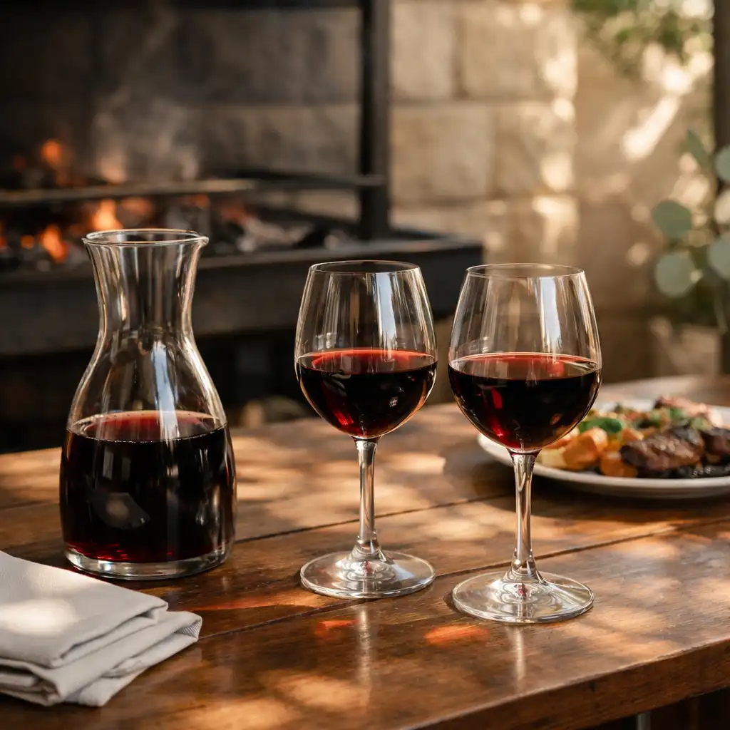 Carafe and glasses of wine on a communal table near the grill